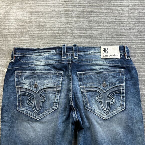 NEW Rock Revival Jeans Mens 44x33 Blue Denim Pants Amal Straight